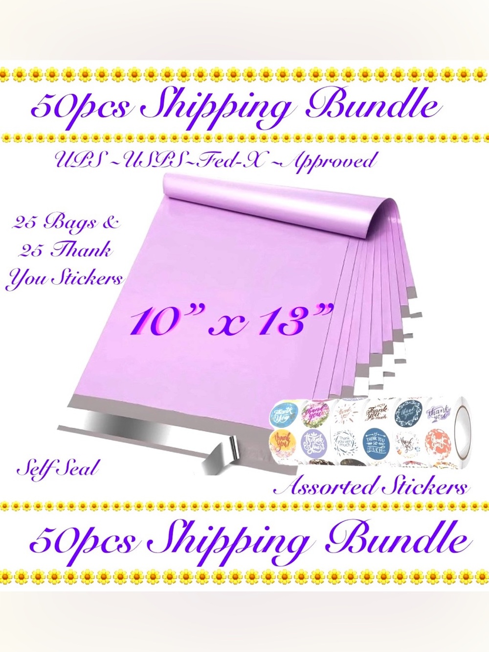 50pcs Lavender Self-Seal Shipping Bags with Assorted Thank You Stickers